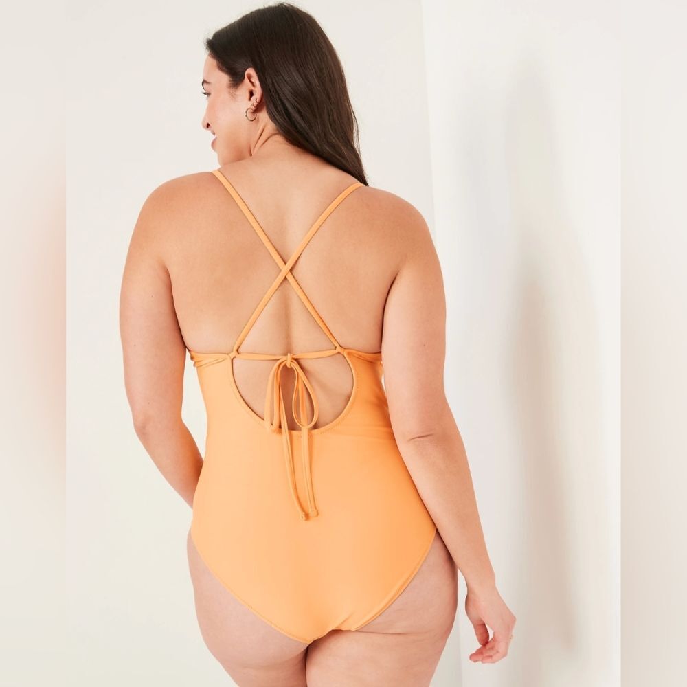 V-Neck Ruffle-Trim Cutout One-Piece Swimsuit in Mango Sorbet - Old Navy (M + 2X) - Picture 4 of 16